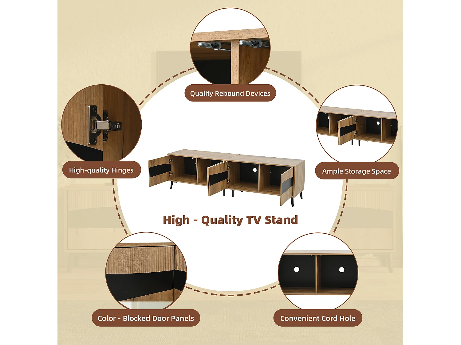 TV-meubel 180 x 40 x 50 cm, hout met zwarte afwerking, met 4 kastjes en 8 steunpoten.