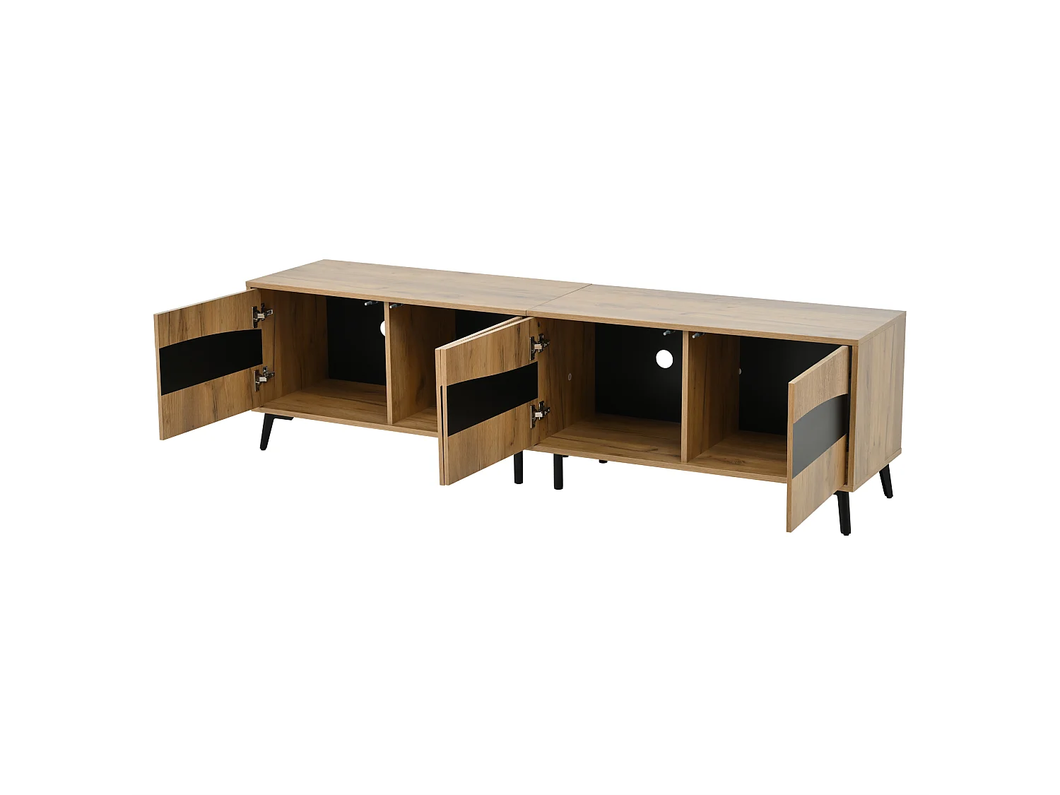 TV-meubel 180 x 40 x 50 cm, hout met zwarte afwerking, met 4 kastjes en 8 steunpoten.