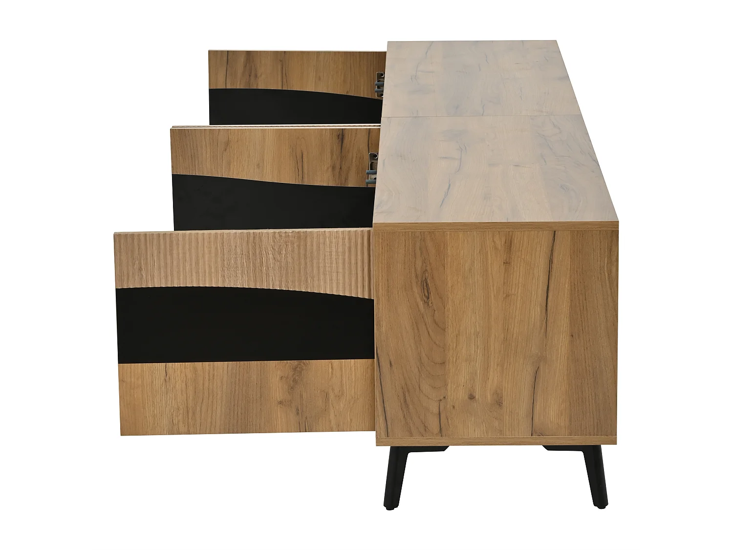 TV-meubel 180 x 40 x 50 cm, hout met zwarte afwerking, met 4 kastjes en 8 steunpoten.