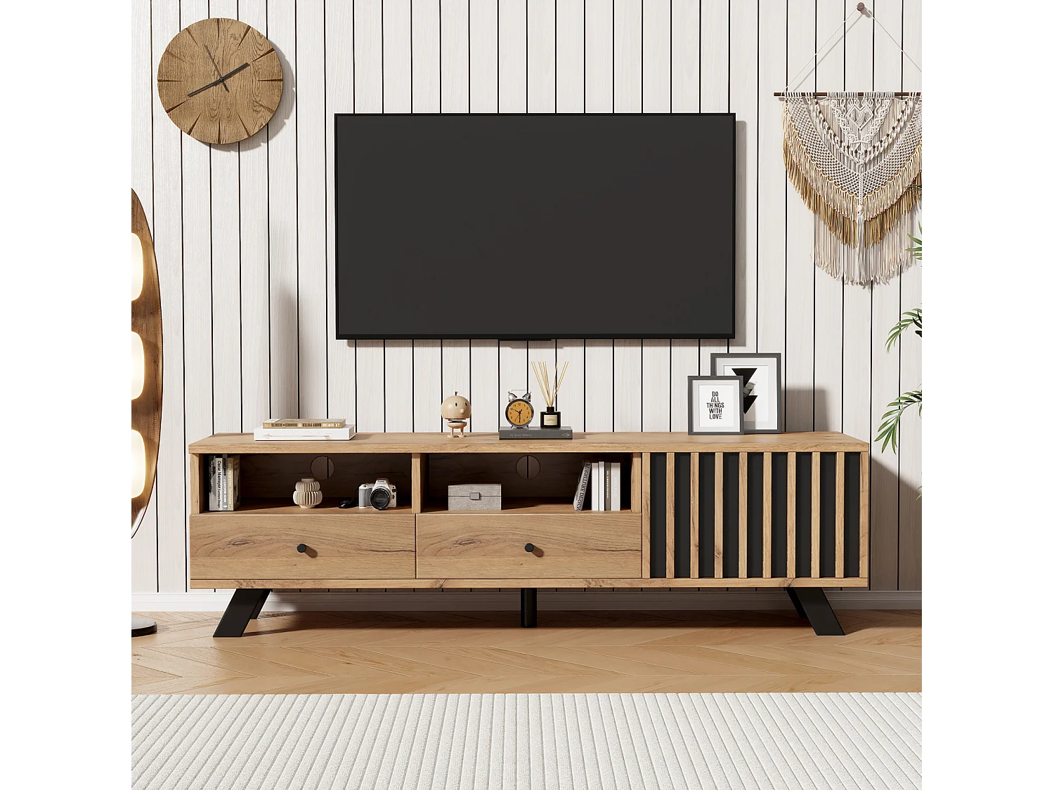 Móvel para TV de madeira, 150×38×44 cm, com 2 gavetas e 1 armário, compacto e baixo para TVs de até 60 polegadas.