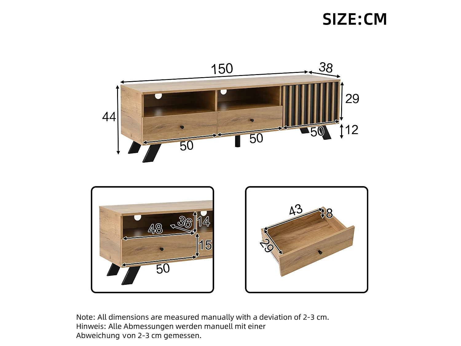 Móvel para TV de madeira, 150×38×44 cm, com 2 gavetas e 1 armário, compacto e baixo para TVs de até 60 polegadas.