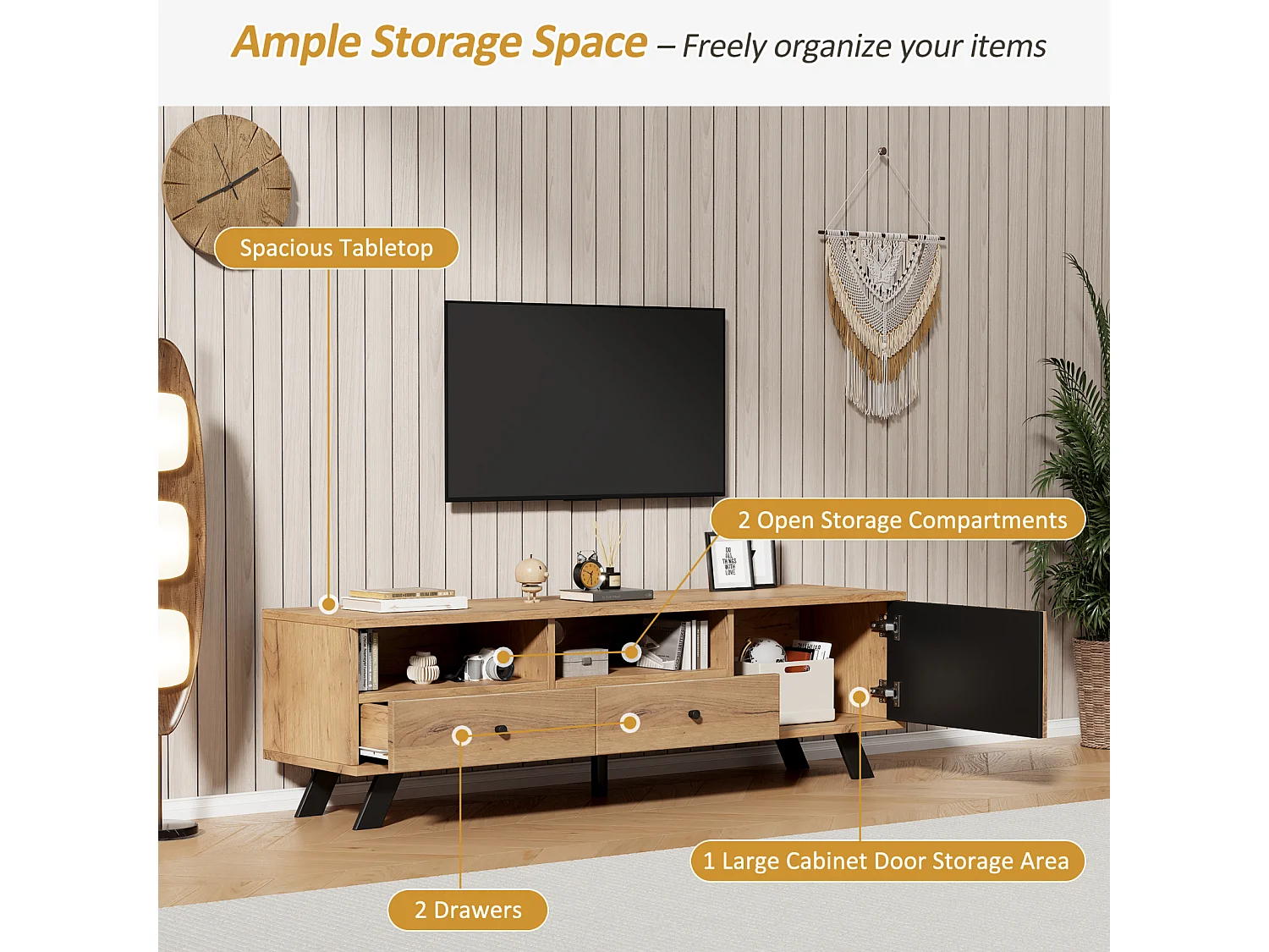 Móvel para TV de madeira, 150×38×44 cm, com 2 gavetas e 1 armário, compacto e baixo para TVs de até 60 polegadas.