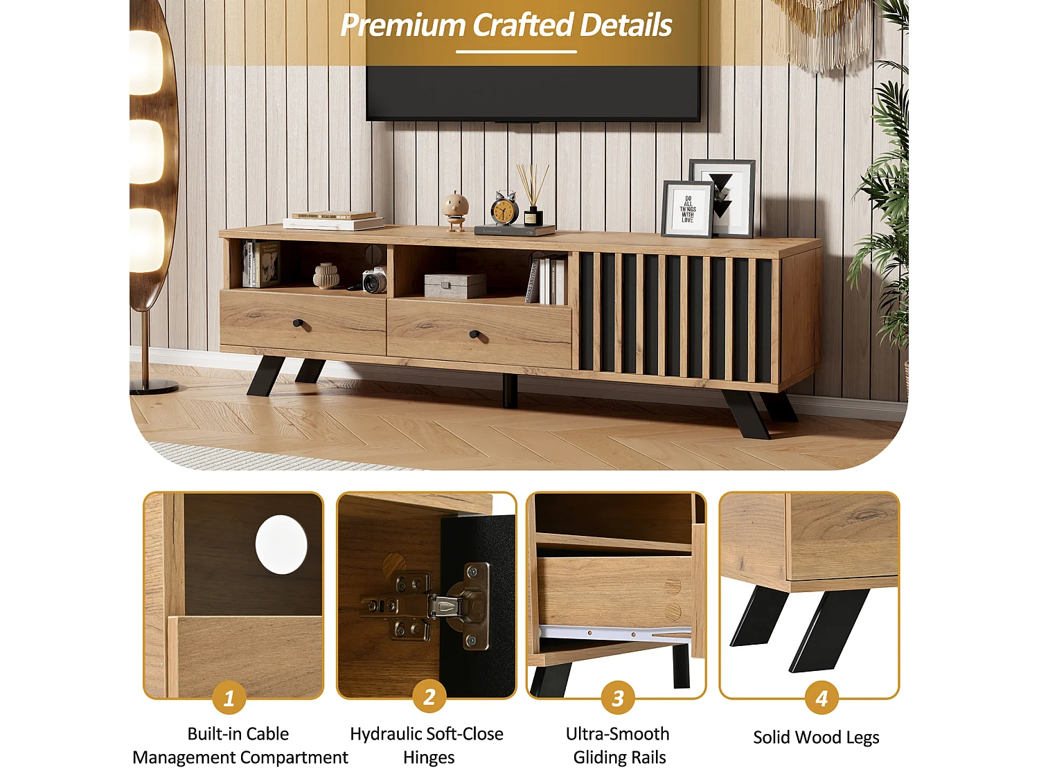 Móvel para TV de madeira, 150×38×44 cm, com 2 gavetas e 1 armário, compacto e baixo para TVs de até 60 polegadas.