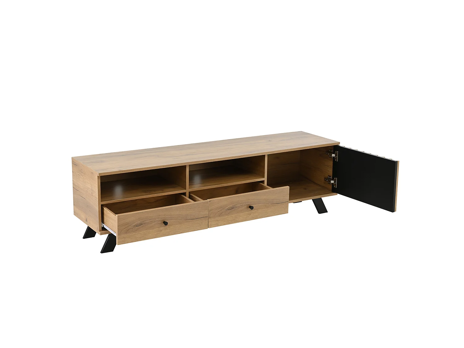 Móvel para TV de madeira, 150×38×44 cm, com 2 gavetas e 1 armário, compacto e baixo para TVs de até 60 polegadas.