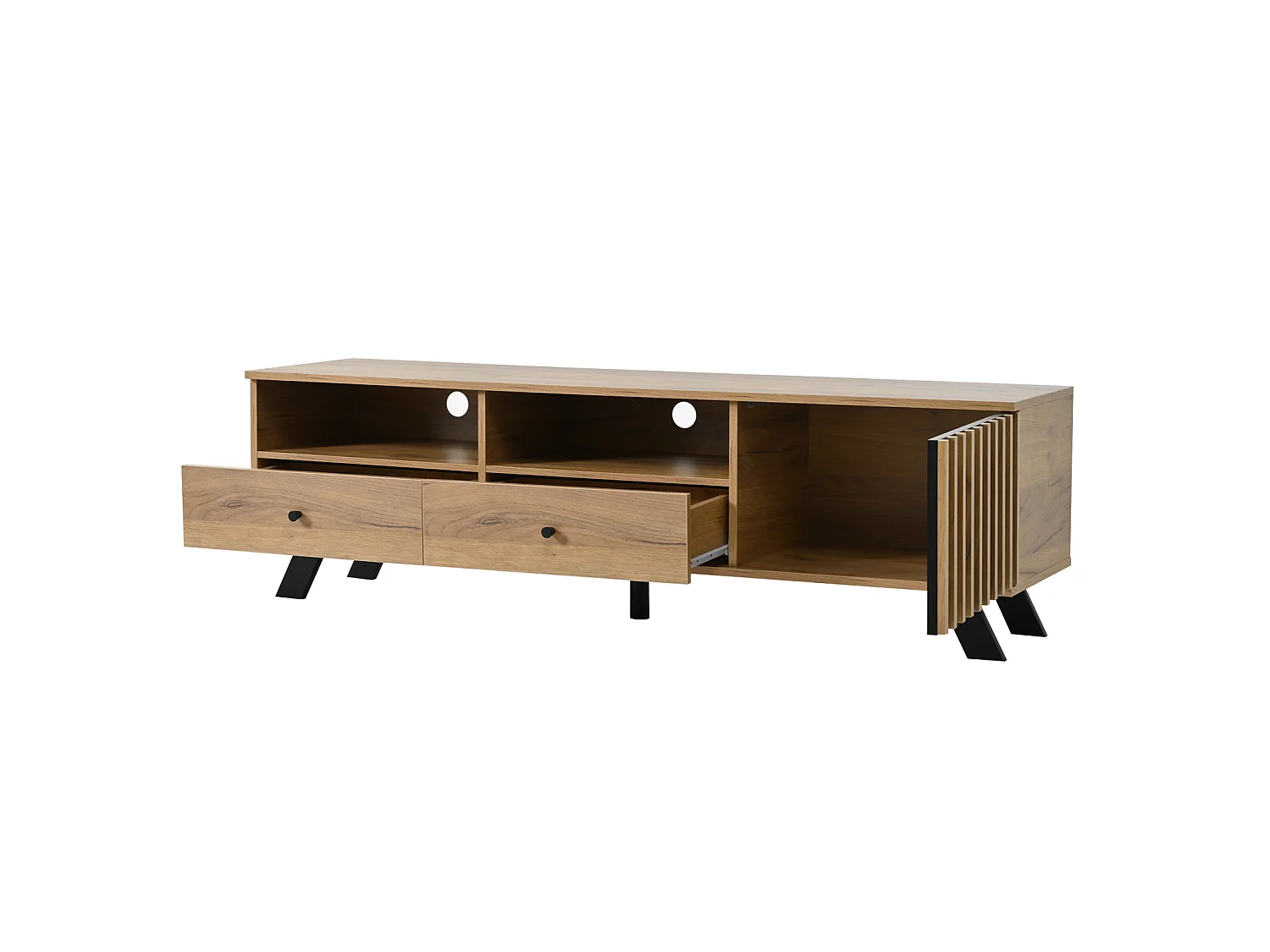 Móvel para TV de madeira, 150×38×44 cm, com 2 gavetas e 1 armário, compacto e baixo para TVs de até 60 polegadas.