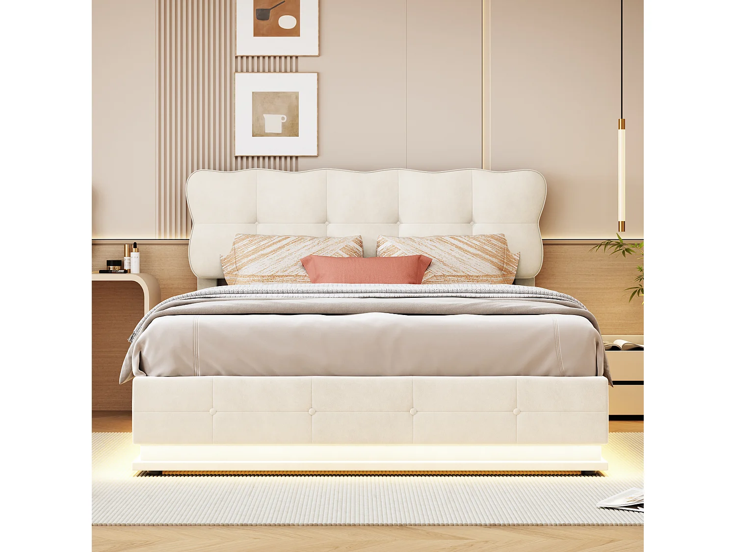 Lit 140x190 avec Sommier Coffre, Lit Deux Place avec LED Réglable, Sommier à Lattes, Velours, Beige