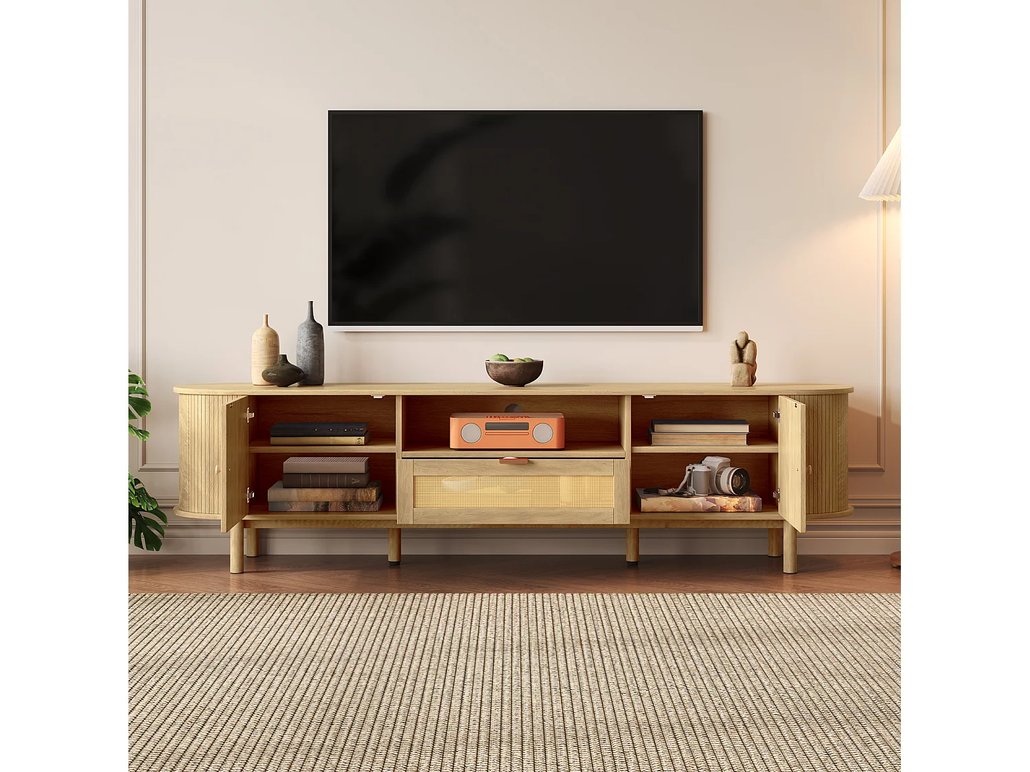 Meuble TV moderne avec tiroirs en rotin, plateau de table arrondi, pieds en métal effet bois, Bois