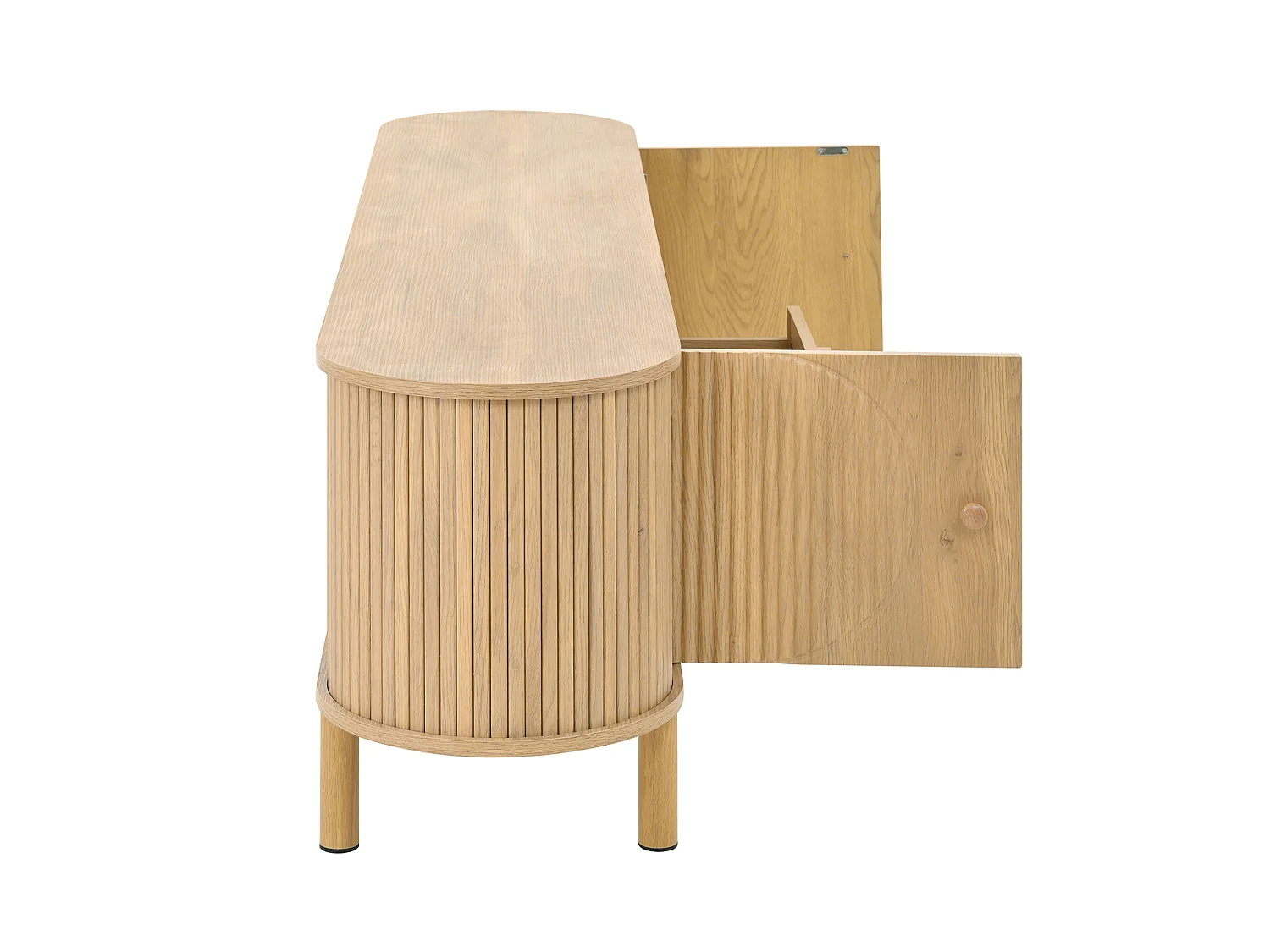 Meuble TV moderne avec tiroirs en rotin, plateau de table arrondi, pieds en métal effet bois, Bois