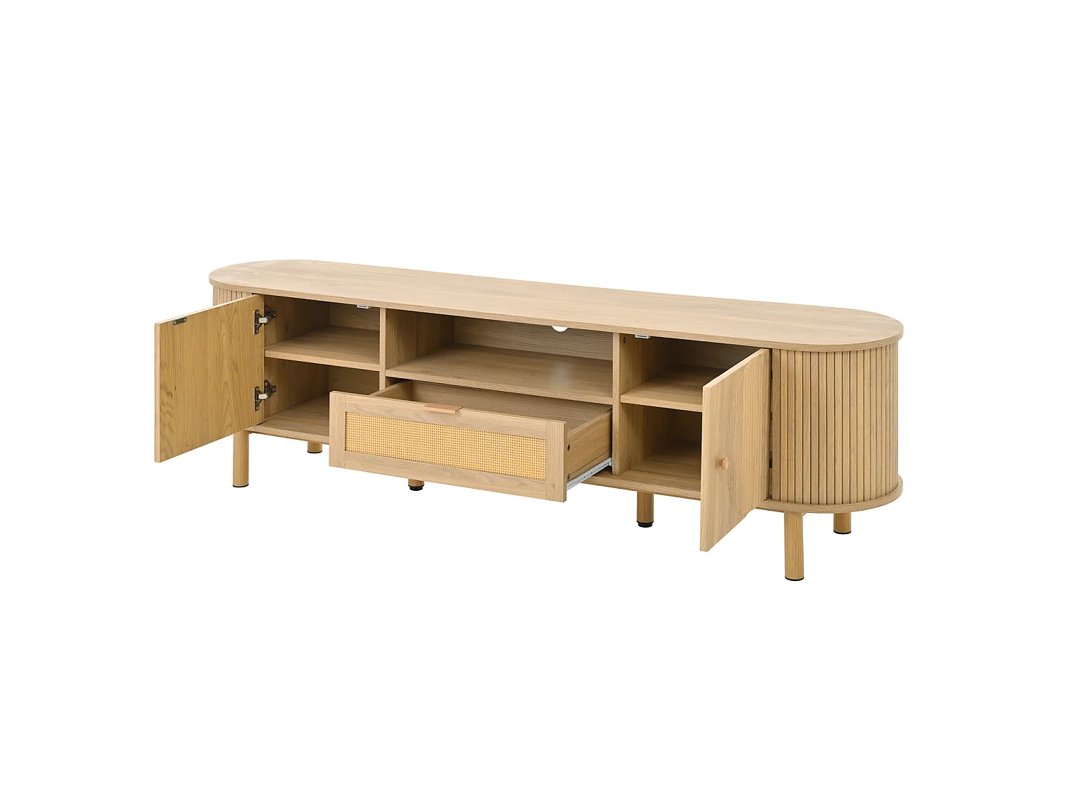Meuble TV moderne avec tiroirs en rotin, plateau de table arrondi, pieds en métal effet bois, Bois