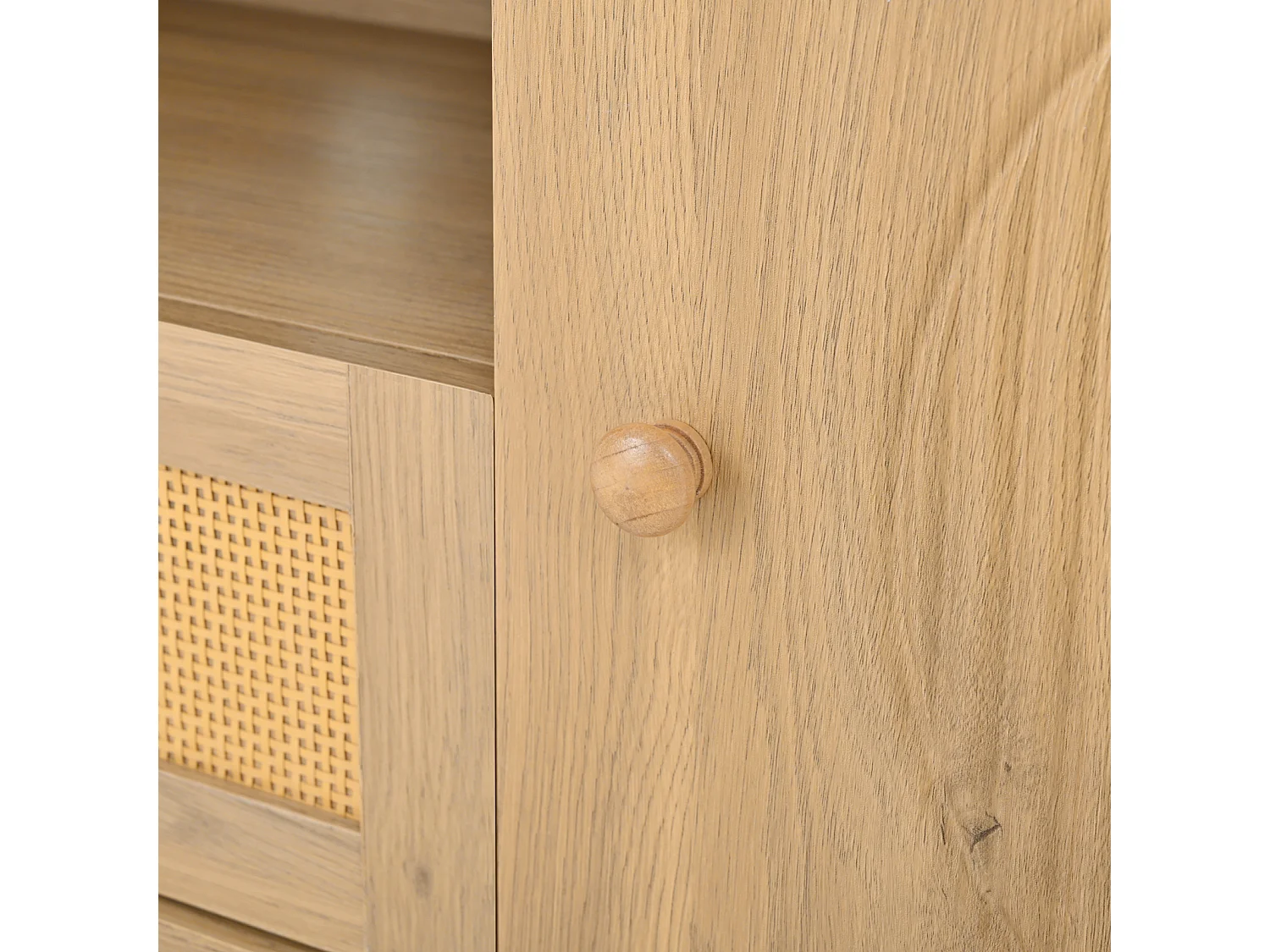 Meuble TV moderne avec tiroirs en rotin, plateau de table arrondi, pieds en métal effet bois, Bois