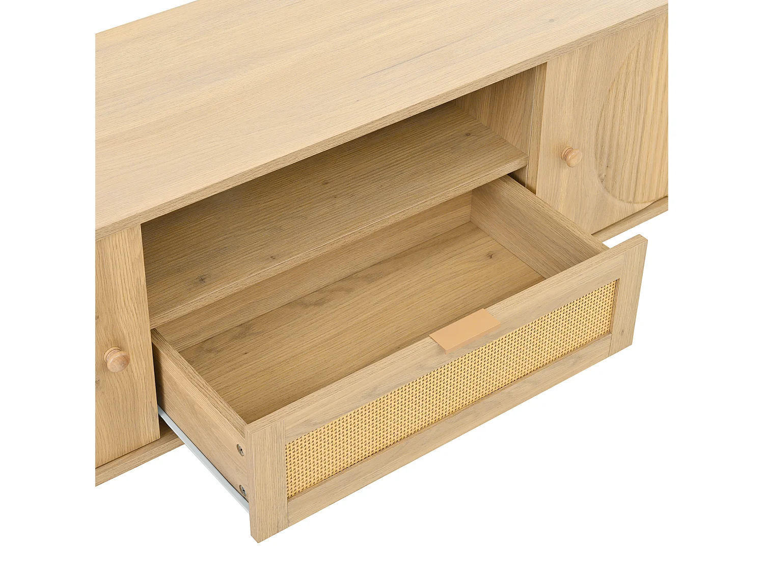 Meuble TV moderne avec tiroirs en rotin, plateau de table arrondi, pieds en métal effet bois, Bois