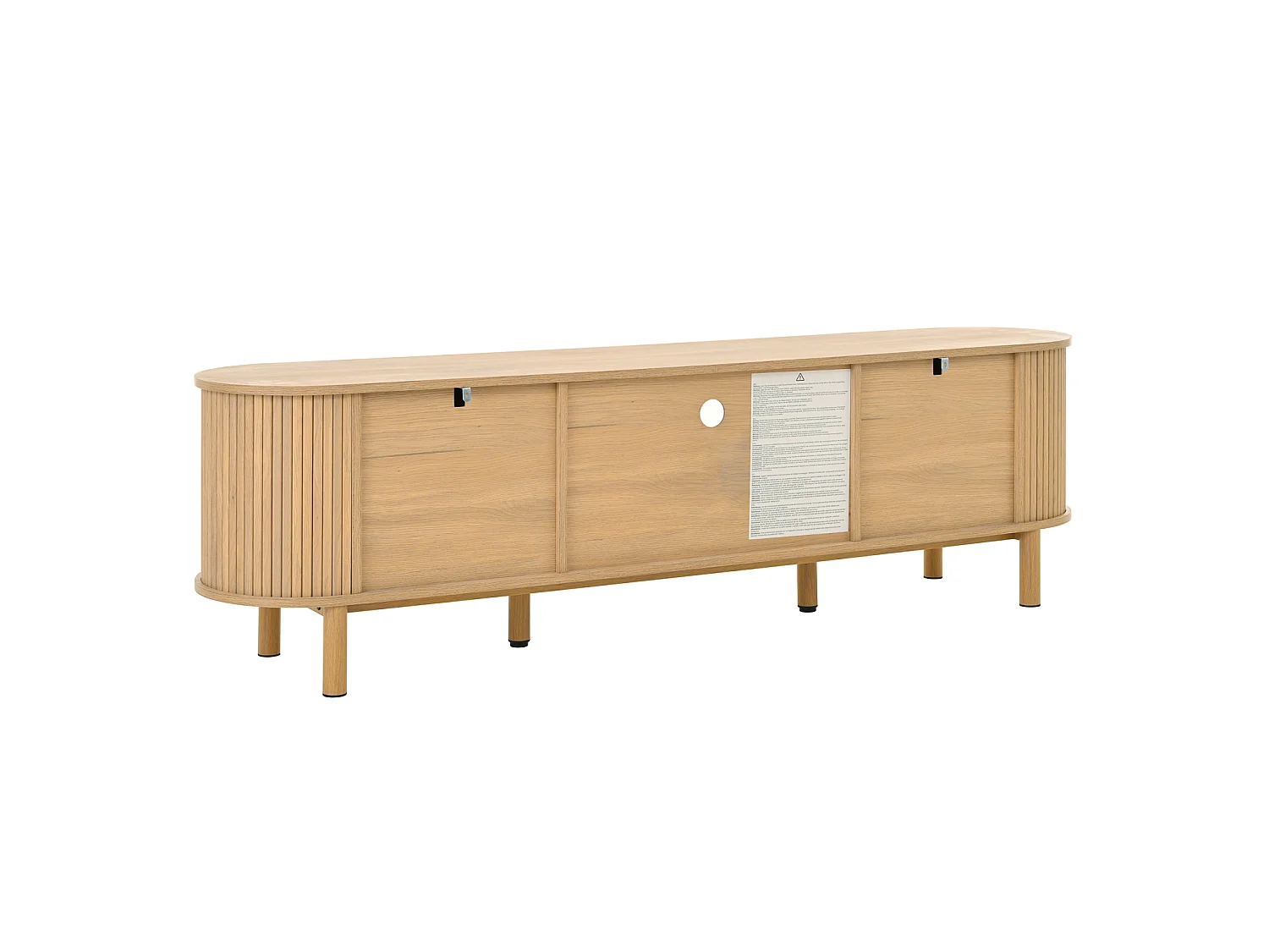 Meuble TV moderne avec tiroirs en rotin, plateau de table arrondi, pieds en métal effet bois, Bois