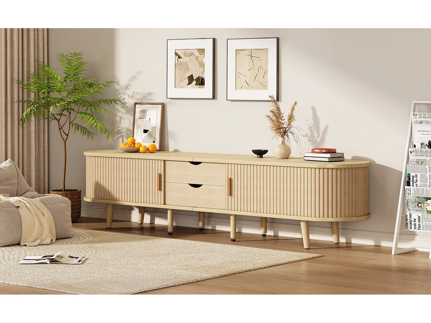 Meuble TV de Salon avec Espace de Rangement + Plateau Rond MDF Grain de Bois 2 tiroirs, Couleur Bois