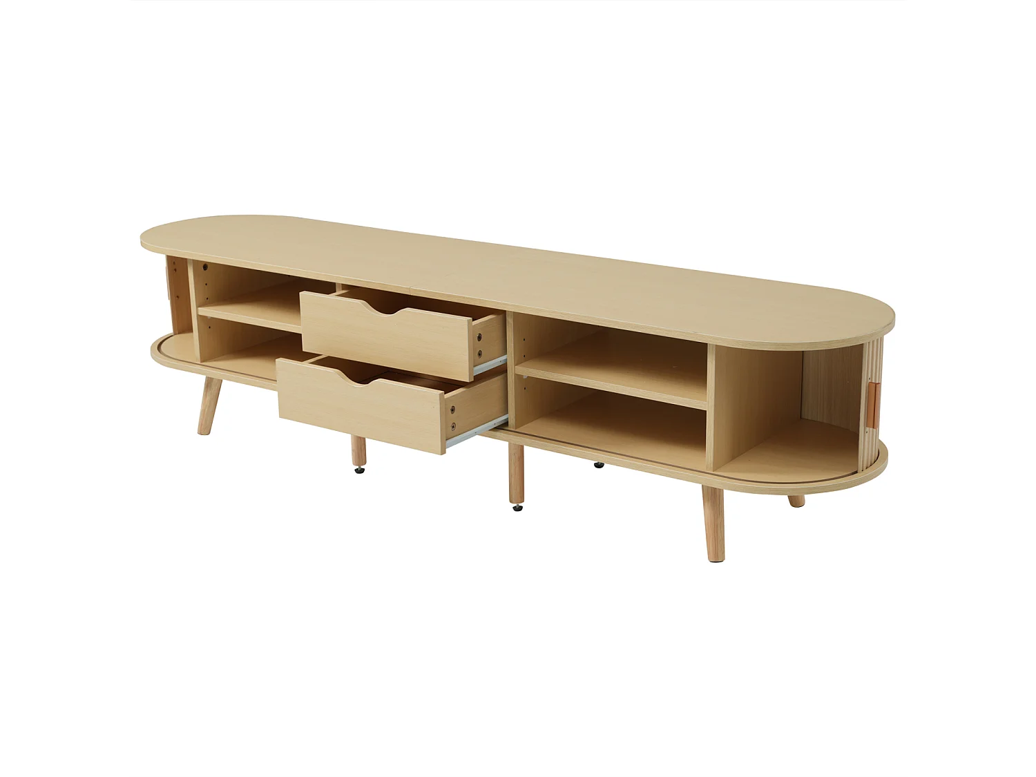 Meuble TV de Salon avec Espace de Rangement + Plateau Rond MDF Grain de Bois 2 tiroirs, Couleur Bois