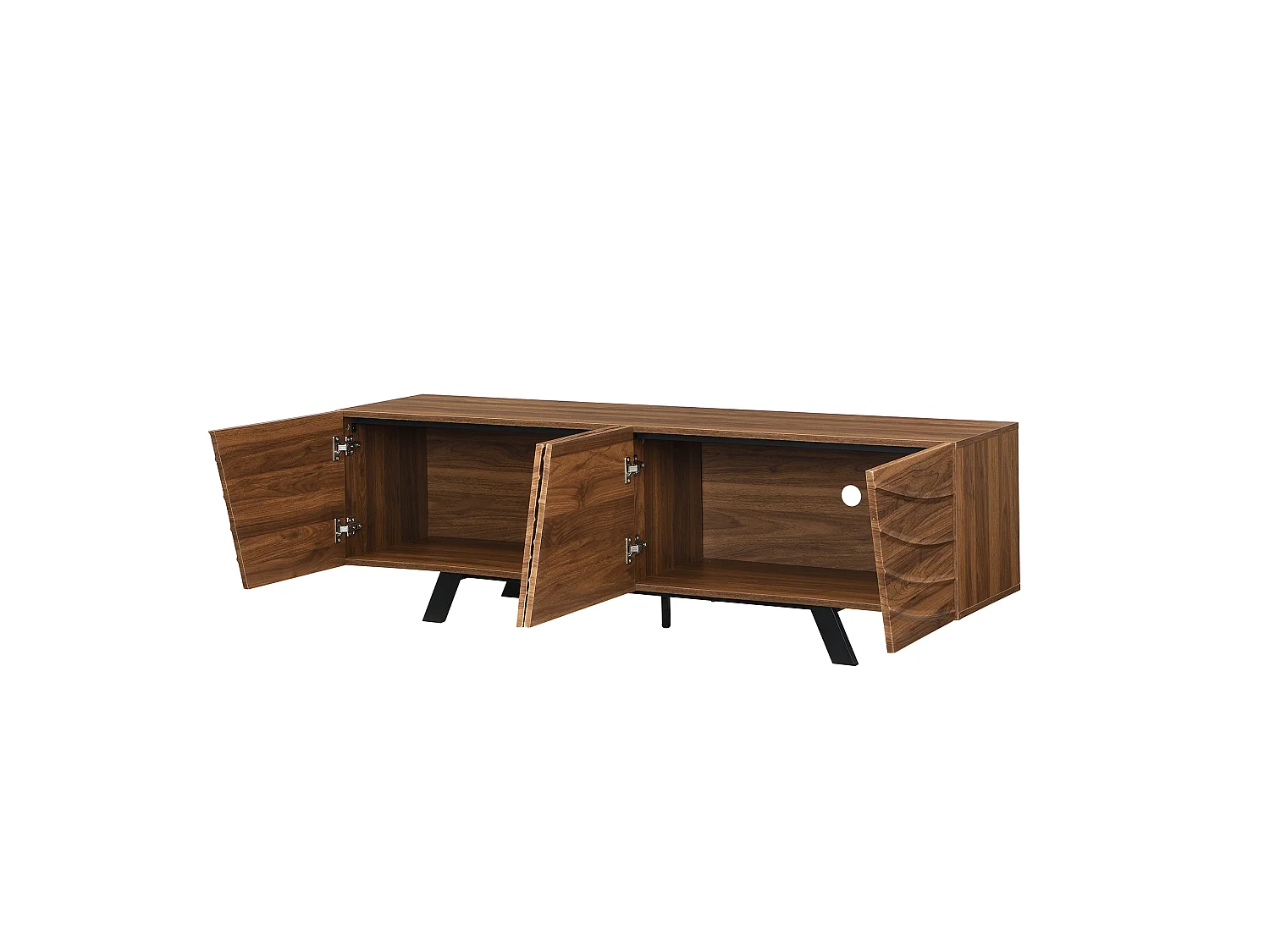Meuble TV moderne 160×39×50,5 cm effet noyer avec façade ondulée, pieds noirs, grand rangement,salon