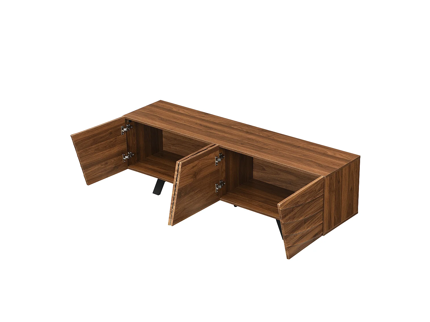 Meuble TV moderne 160×39×50,5 cm effet noyer avec façade ondulée, pieds noirs, grand rangement,salon