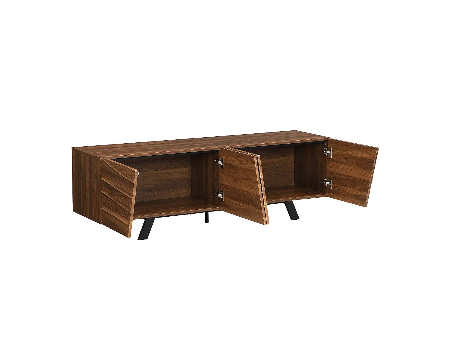 Meuble TV moderne 160×39×50,5 cm effet noyer avec façade ondulée, pieds noirs, grand rangement,salon