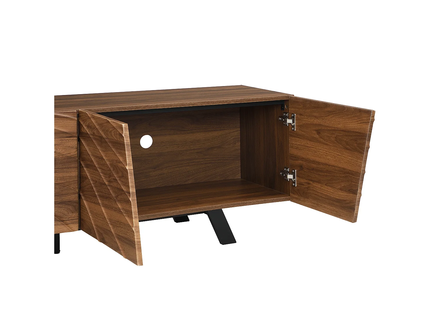 Meuble TV moderne 160×39×50,5 cm effet noyer avec façade ondulée, pieds noirs, grand rangement,salon