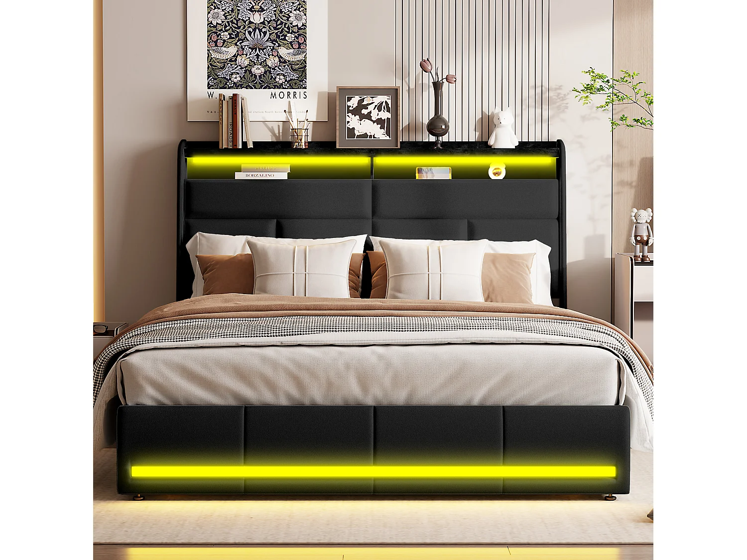 Lit Coffre160 x 200 cm avec Sommier LED et USB, Lits Rembourré Cadre de Lits avec à Lattes,PU,Noir