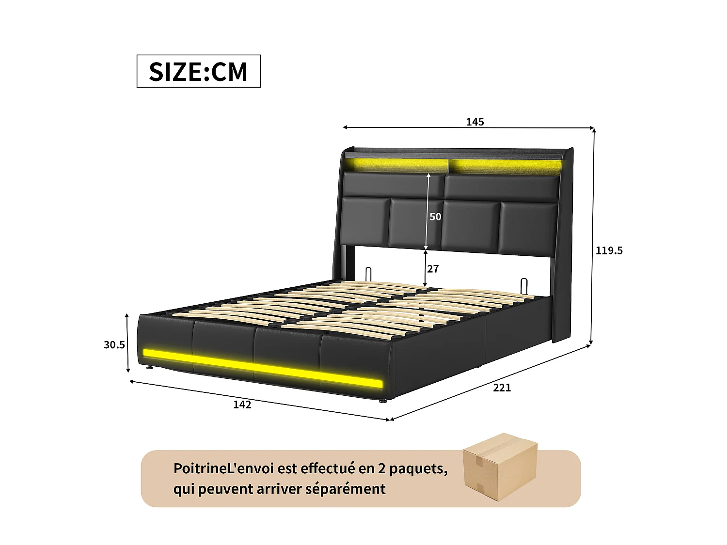 Lit Coffre160 x 200 cm avec Sommier LED et USB, Lits Rembourré Cadre de Lits avec à Lattes,PU,Noir