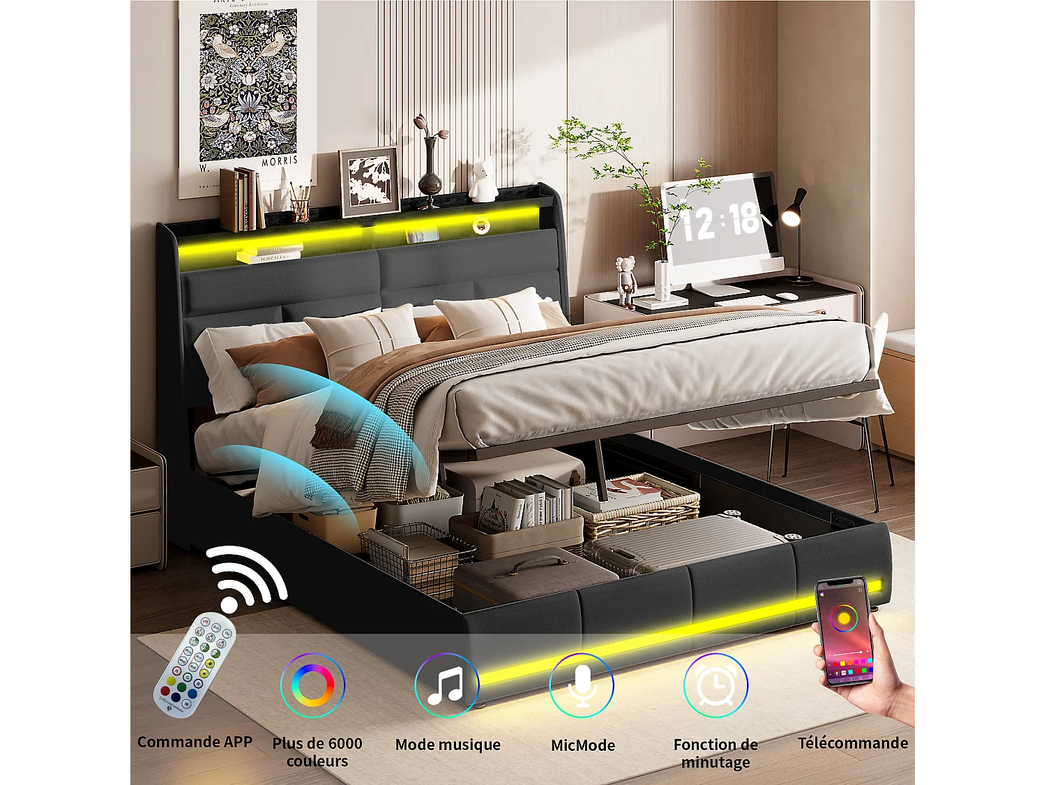 Lit Coffre160 x 200 cm avec Sommier LED et USB, Lits Rembourré Cadre de Lits avec à Lattes,PU,Noir