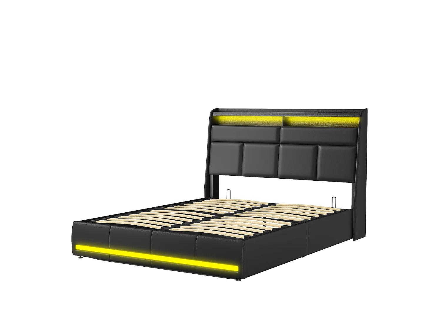 Lit Coffre160 x 200 cm avec Sommier LED et USB, Lits Rembourré Cadre de Lits avec à Lattes,PU,Noir