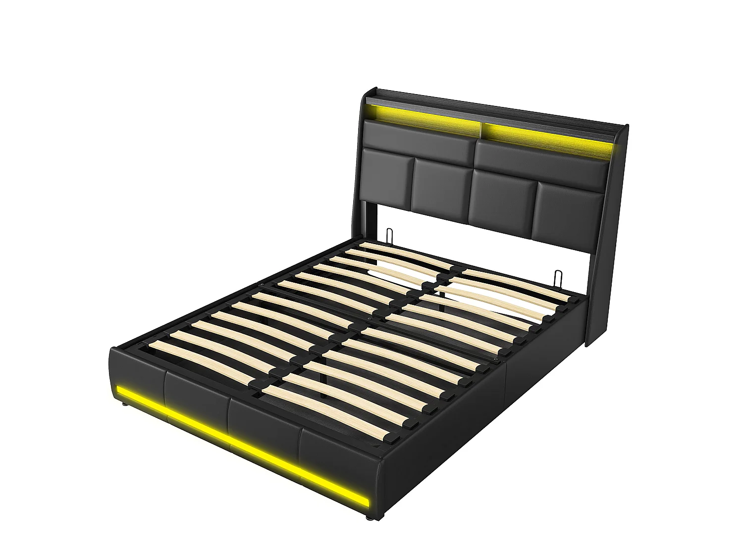 Lit Coffre160 x 200 cm avec Sommier LED et USB, Lits Rembourré Cadre de Lits avec à Lattes,PU,Noir