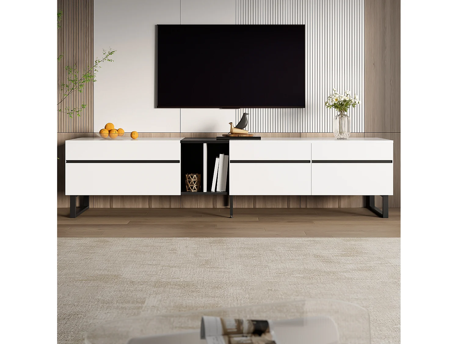 Móvel de TV moderno e baixo de 180 cm com compartimento rebatível, compartimentos abertos, branco.