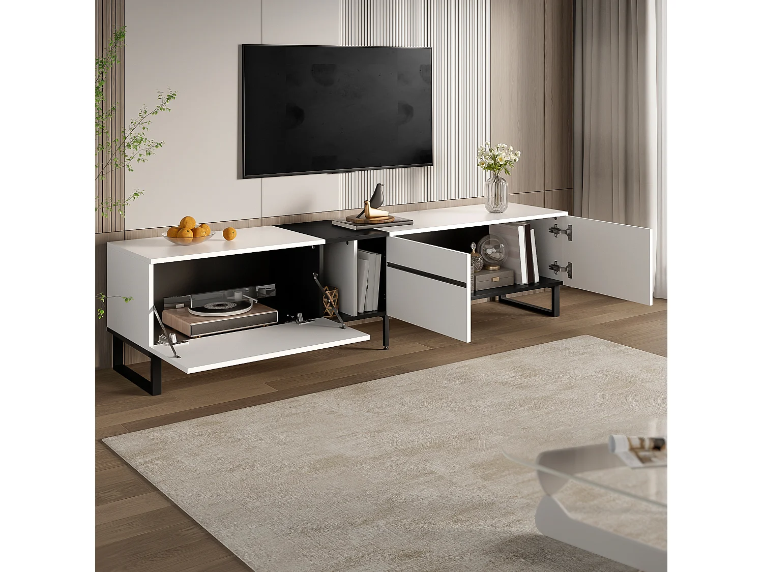 Móvel de TV moderno e baixo de 180 cm com compartimento rebatível, compartimentos abertos, branco.