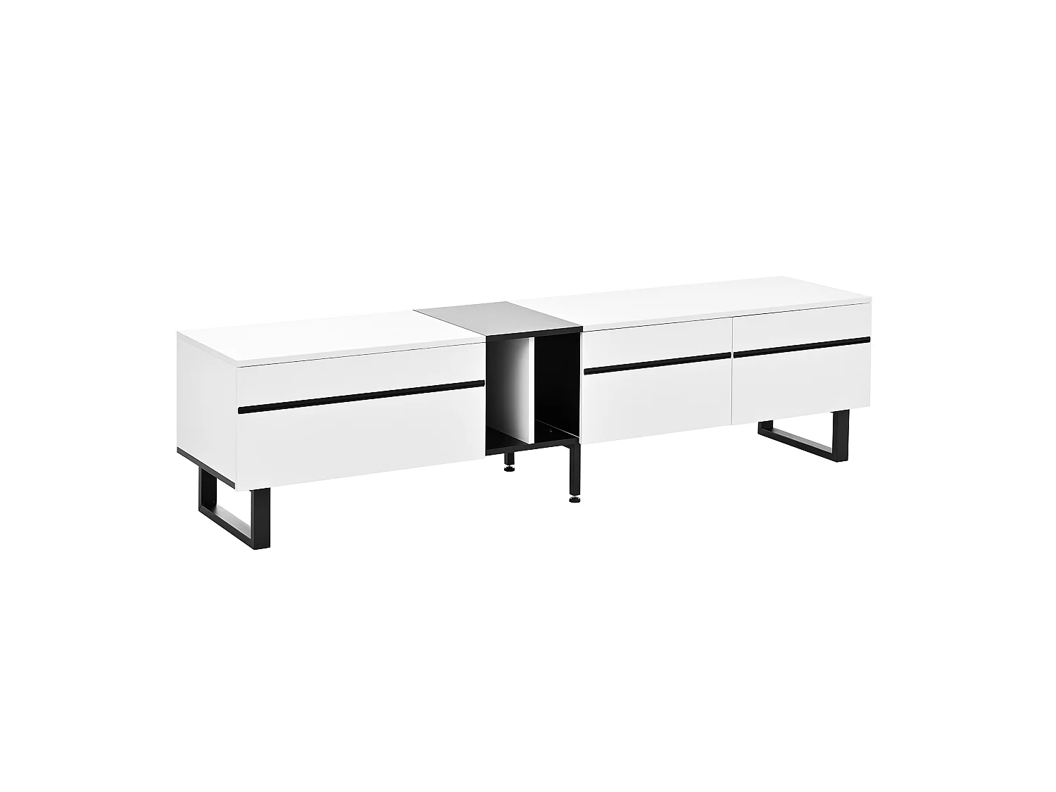 Móvel de TV moderno e baixo de 180 cm com compartimento rebatível, compartimentos abertos, branco.