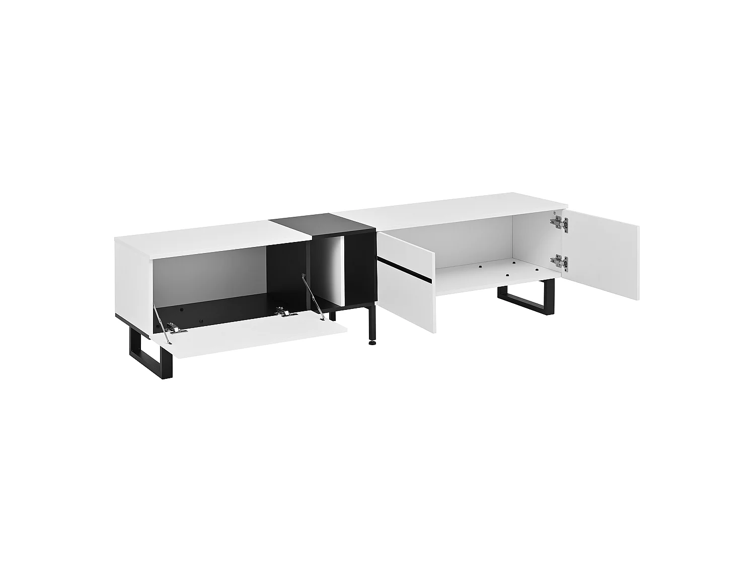 Móvel de TV moderno e baixo de 180 cm com compartimento rebatível, compartimentos abertos, branco.