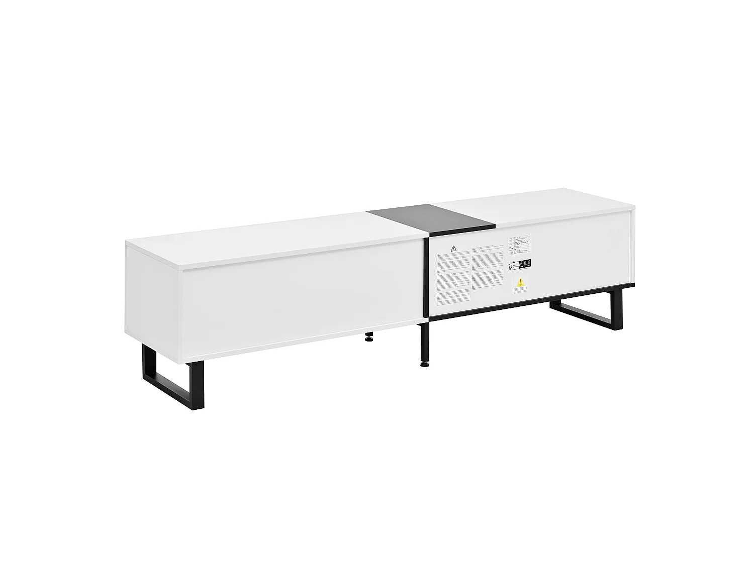 Móvel de TV moderno e baixo de 180 cm com compartimento rebatível, compartimentos abertos, branco.