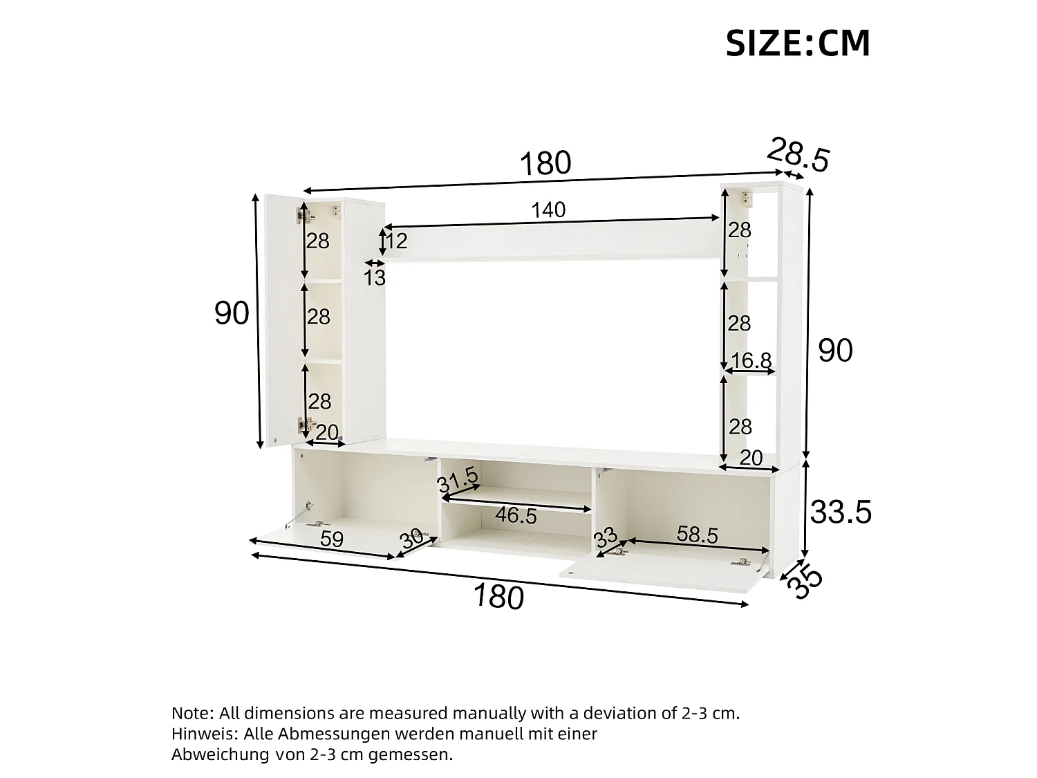 TV-wandmeubel 180×35×33,5 cm wit – 4 stuks met vitrinekasten, lowboard, wandplanken, woonkamer