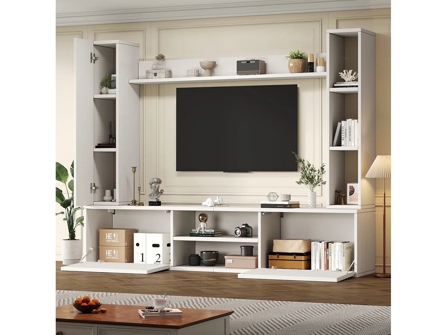TV-wandmeubel 180×35×33,5 cm wit – 4 stuks met vitrinekasten, lowboard, wandplanken, woonkamer