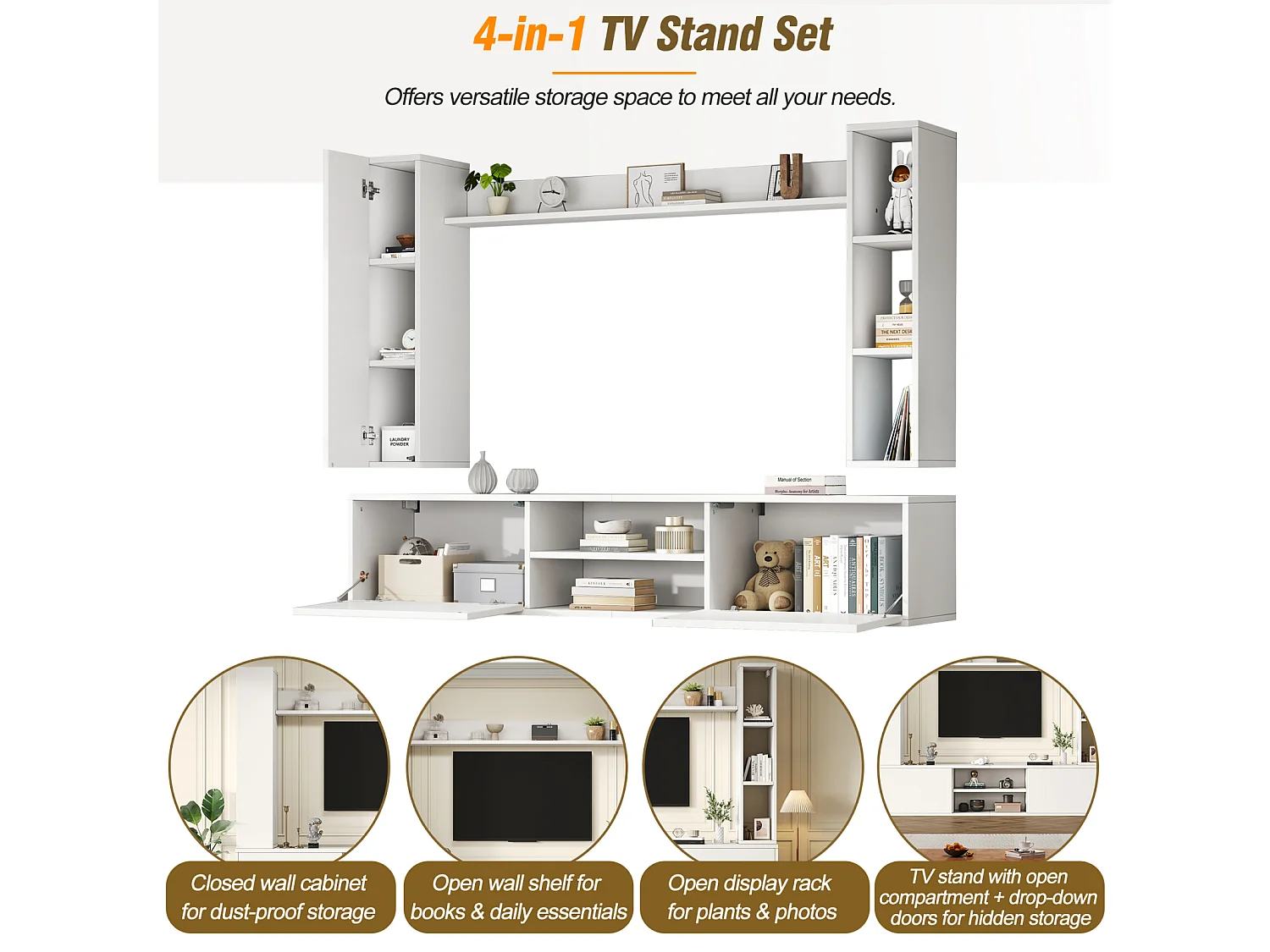 TV-wandmeubel 180×35×33,5 cm wit – 4 stuks met vitrinekasten, lowboard, wandplanken, woonkamer