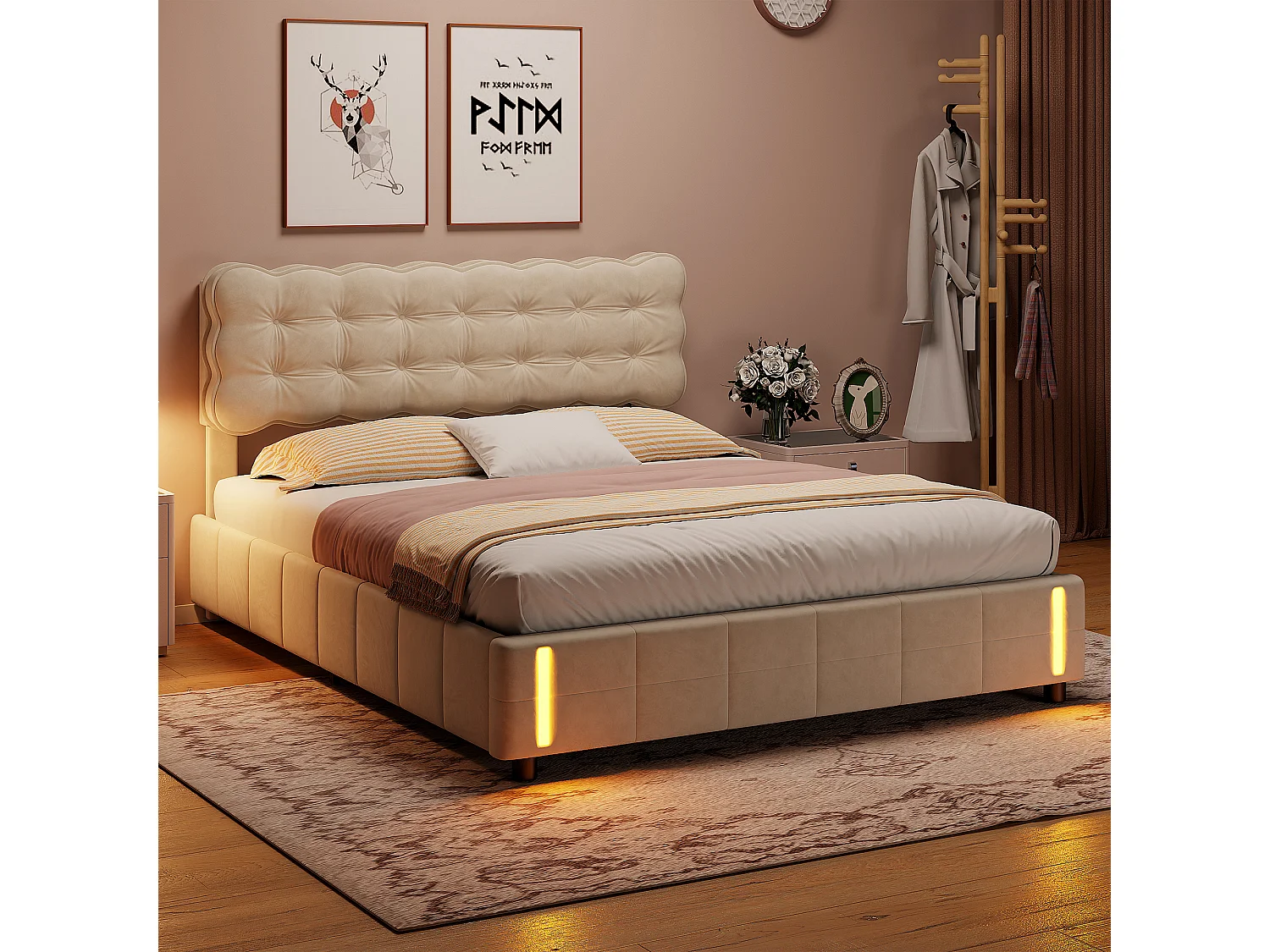 Lit Coffre 140x190 avec LED & Système Hydraulique – Velours Beige Clair Capitonné, Sommier à Lattes