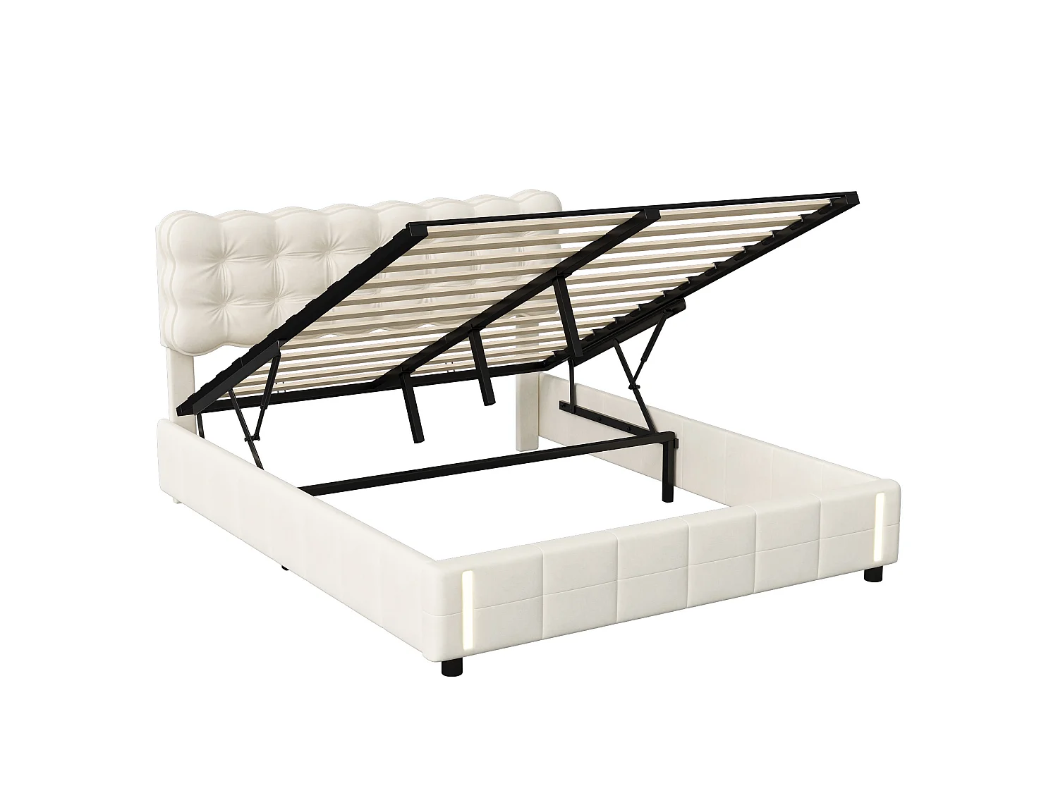 Lit Coffre 140x190 avec LED & Système Hydraulique – Velours Beige Clair Capitonné, Sommier à Lattes