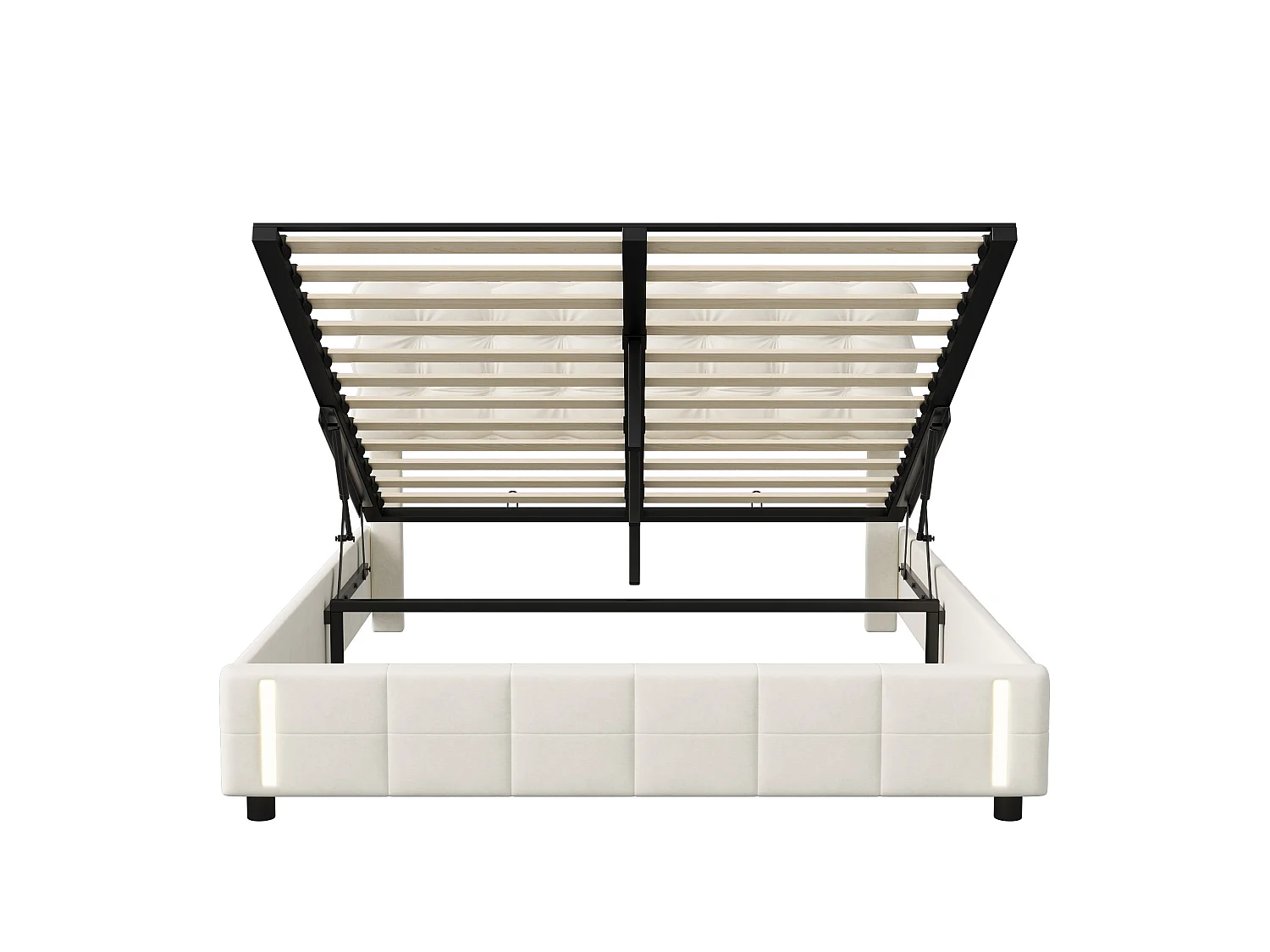 Lit Coffre 140x190 avec LED & Système Hydraulique – Velours Beige Clair Capitonné, Sommier à Lattes
