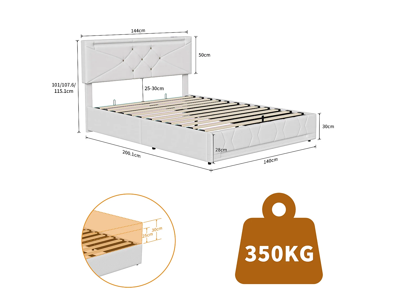 Lit Double 140 x 190 cm en Lin Beige avec LED Multicolore, Ports USB, Sommier à Lattes et Tête