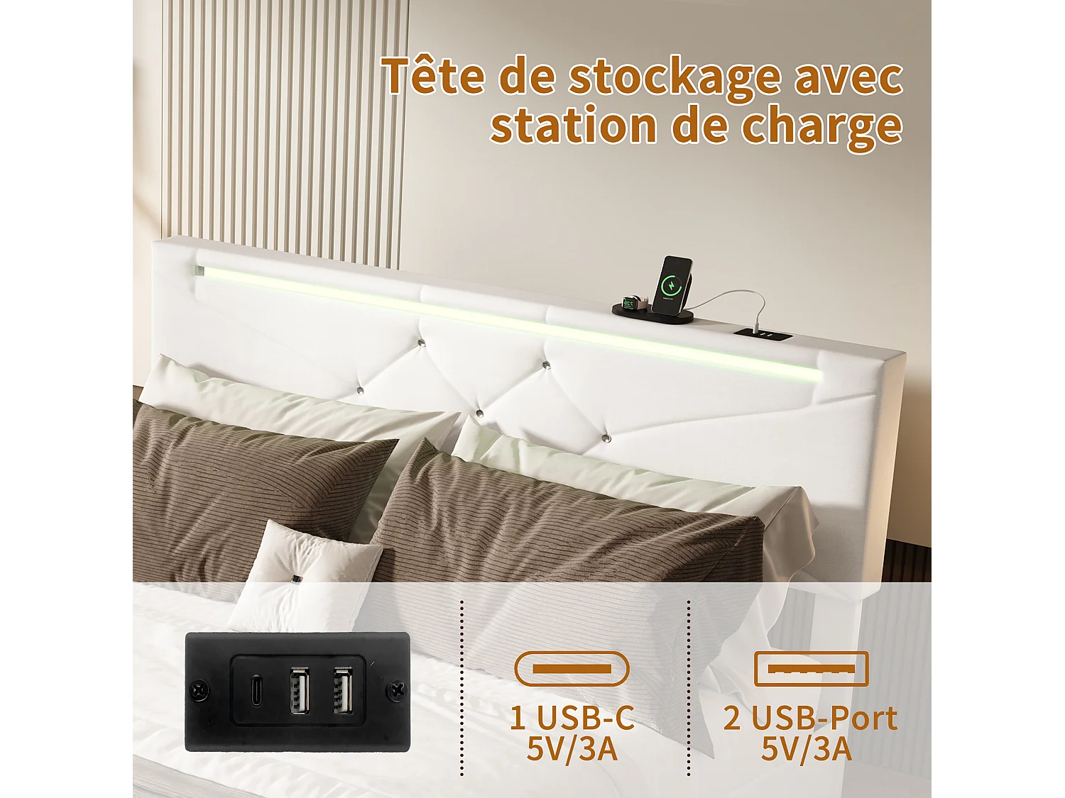 Lit Double 140 x 190 cm en Lin Beige avec LED Multicolore, Ports USB, Sommier à Lattes et Tête