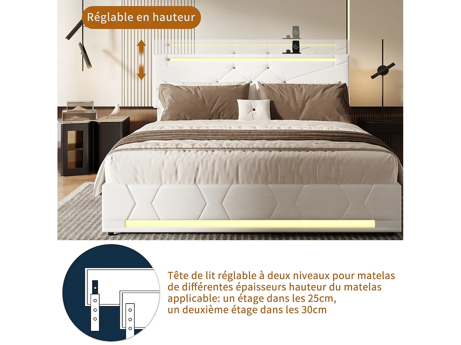 Lit Double 140 x 190 cm en Lin Beige avec LED Multicolore, Ports USB, Sommier à Lattes et Tête
