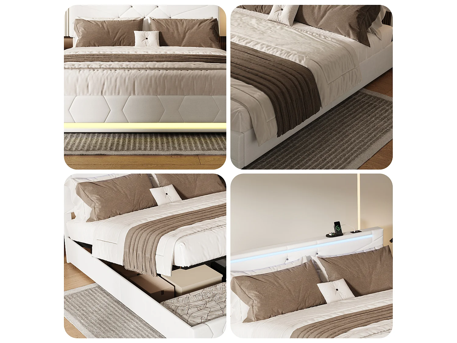 Lit Double 140 x 190 cm en Lin Beige avec LED Multicolore, Ports USB, Sommier à Lattes et Tête