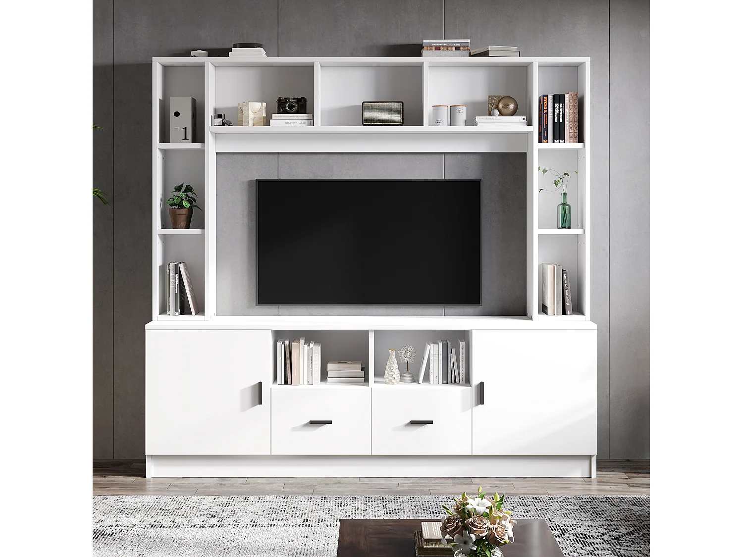 TV-meubelset 180 x 35 x 170 cm met vitrinekast, woonkamermeubelset met 2 kasten, wit