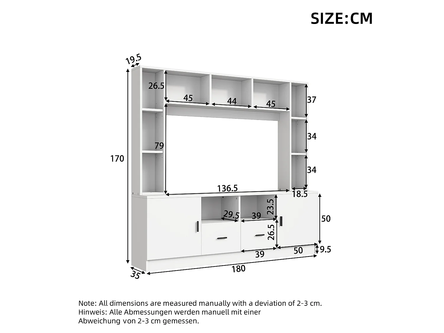 TV-meubelset 180 x 35 x 170 cm met vitrinekast, woonkamermeubelset met 2 kasten, wit