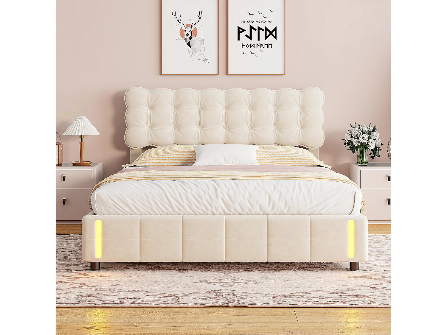Lit Coffre 140x190 avec LED – Velours Beige Clair Capitonné, Rangement Spacieux & Sommier à Lattes