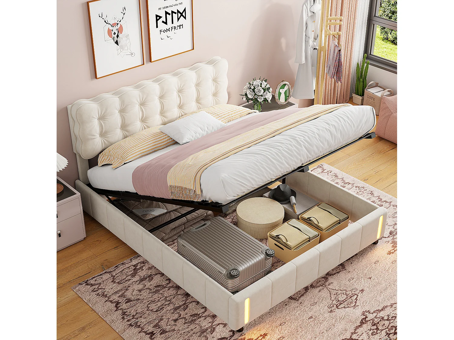 Lit Coffre 140x190 avec LED – Velours Beige Clair Capitonné, Rangement Spacieux & Sommier à Lattes