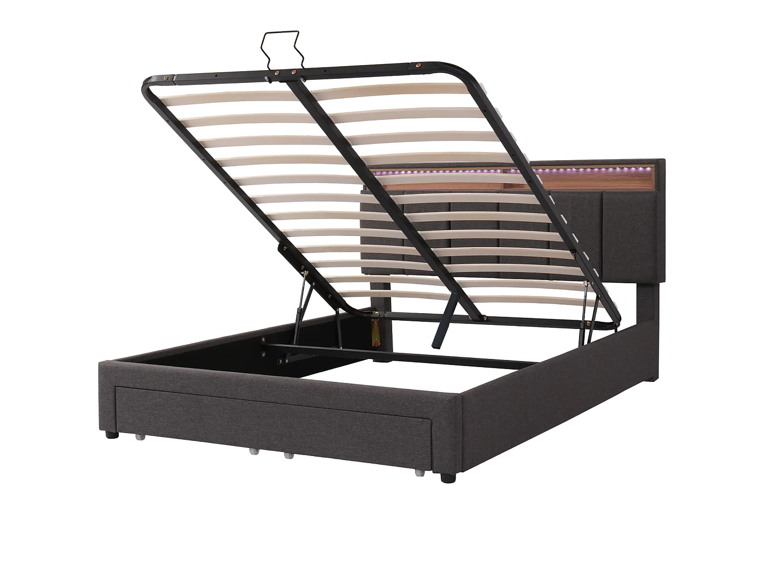 Lit Coffre 140 x 190 cm avec LED, avec sommier à Lattes, tiroirs, avec Cadre en Acier, Lin, Gris