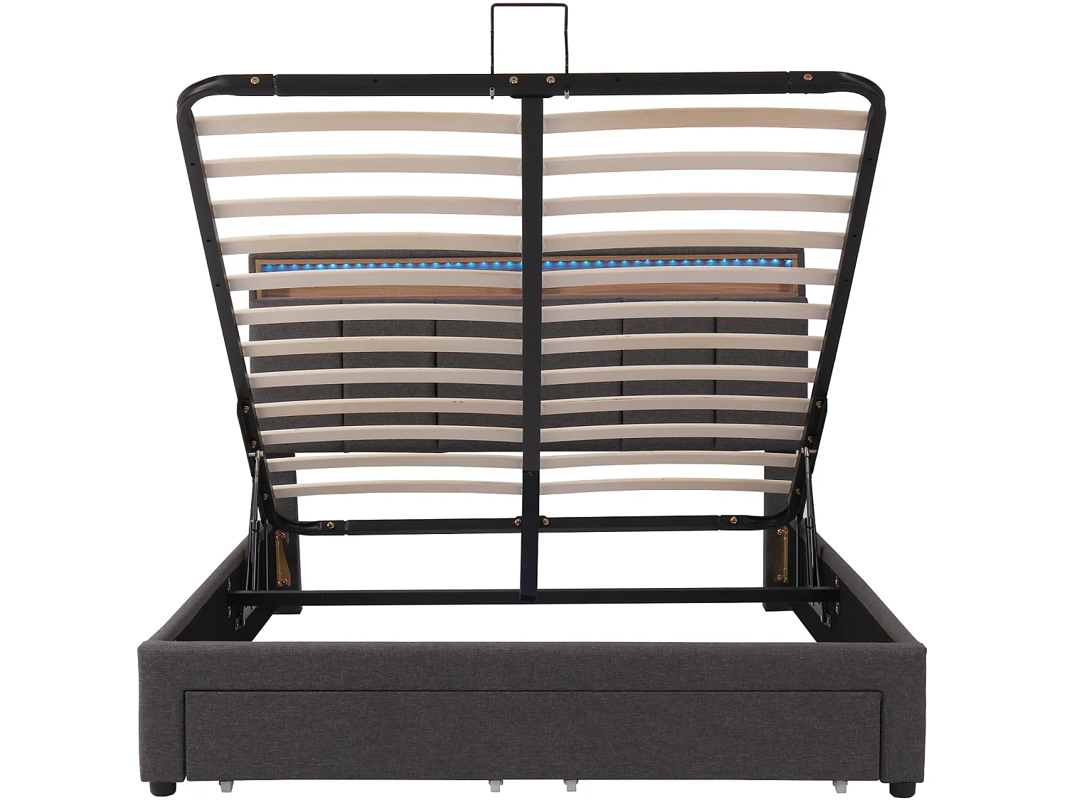 Lit Coffre 140 x 190 cm avec LED, avec sommier à Lattes, tiroirs, avec Cadre en Acier, Lin, Gris