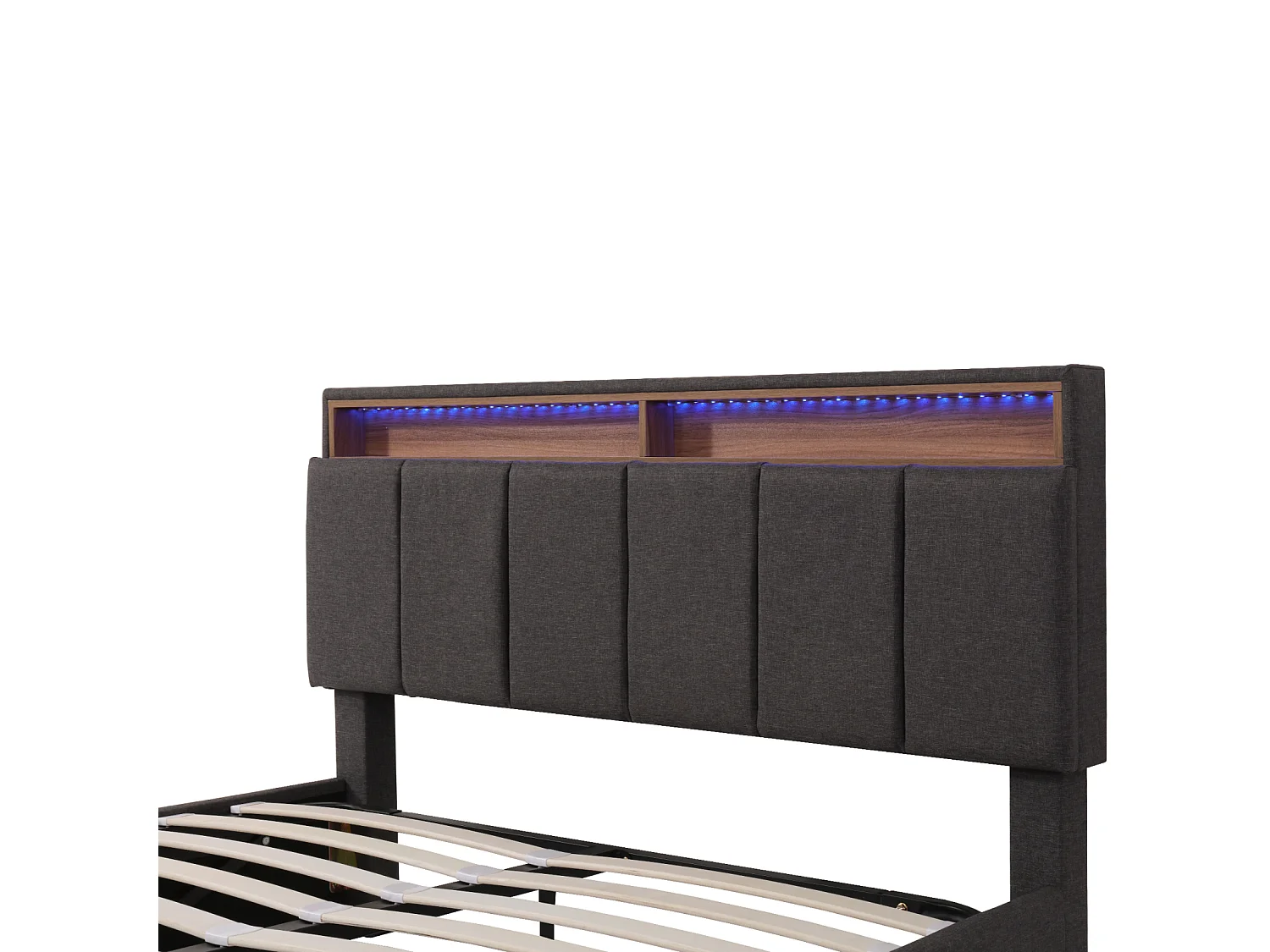 Lit Coffre 140 x 190 cm avec LED, avec sommier à Lattes, tiroirs, avec Cadre en Acier, Lin, Gris