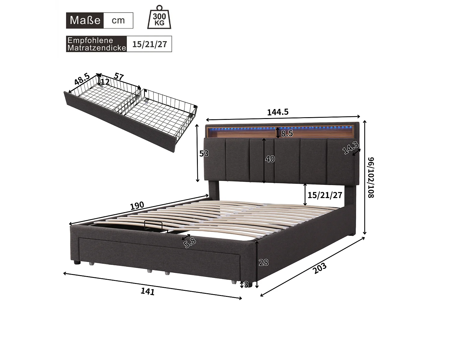 Lit Coffre 140 x 190 cm avec LED, avec sommier à Lattes, tiroirs, avec Cadre en Acier, Lin, Gris
